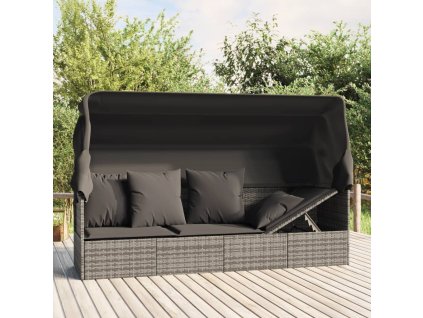 vidaXL Zahradní pohovka se střechou a polštáři šedá polyratan