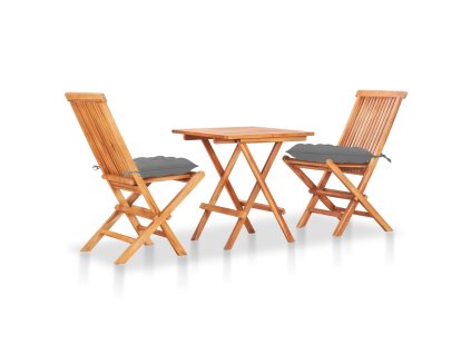 vidaXL 3dílný bistro set s šedými poduškami masivní teakové dřevo