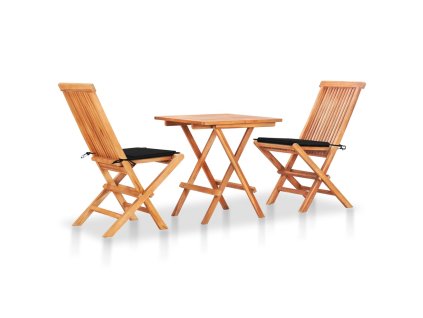 vidaXL 3dílný bistro set s černými poduškami masivní teakové dřevo