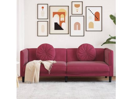 vidaXL Pohovka s polštáři 3místná vínově červená samet