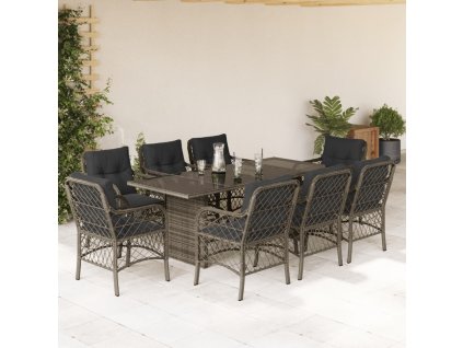 vidaXL 9dílný zahradní jídelní set s poduškami šedý polyratan