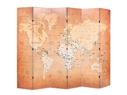 vidaXL Skládací paraván 228 x 170 cm Mapa světa žlutá
