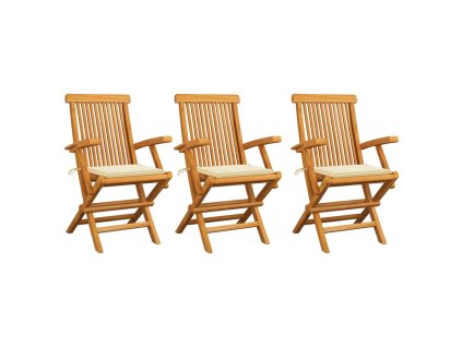 vidaXL Zahradní židle s krémovými poduškami 3 ks masivní teak