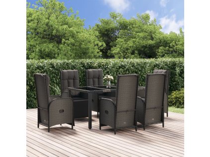 vidaXL 7dílný zahradní jídelní set s poduškami černý a šedý polyratan