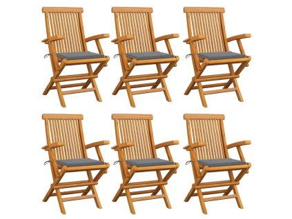 vidaXL Zahradní židle s šedými poduškami 6 ks masivní teak