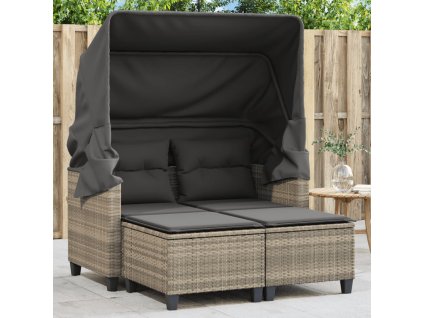 vidaXL Zahradní pohovka 2místná stříška taburety světle šedá polyratan