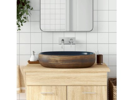 vidaXL Umyvadlo na desku hnědé a modré oválné 59 x 40 x 14 cm keramika