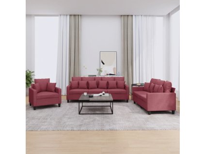 vidaXL 3dílná sedací souprava s polštáři vínová textil