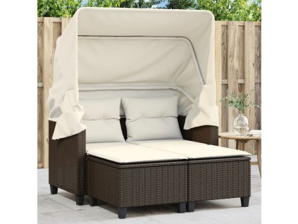 vidaXL Zahradní pohovka 2místná se stříškou a taburety hnědá polyratan