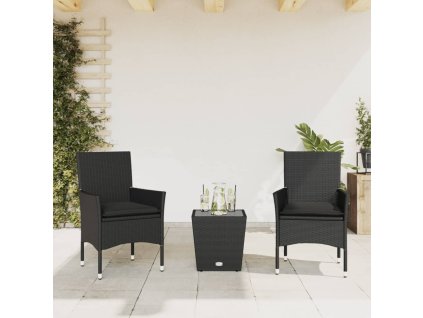 vidaXL 3dílný bistro set s poduškami černý polyratan a sklo