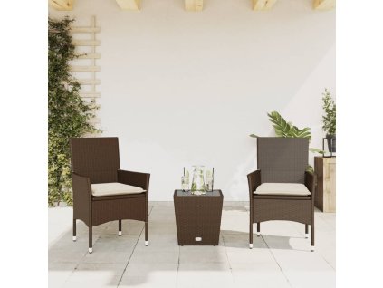 vidaXL 3dílný bistro set s poduškami hnědý polyratan a sklo