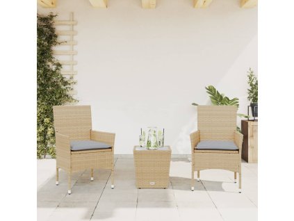 vidaXL 3dílný bistro set s poduškami béžový polyratan a sklo