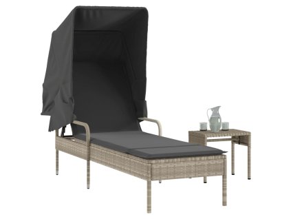 vidaXL Zahradní lehátko se stříškou a stolkem světle šedé polyratan