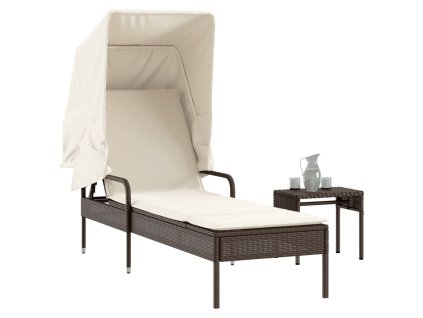 vidaXL Zahradní lehátko se stříškou a stolkem hnědé polyratan