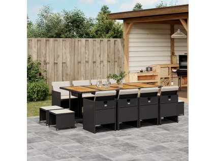 vidaXL 13dílný zahradní jídelní set s poduškami černý polyratan