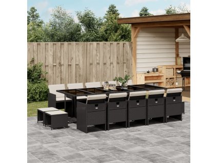 vidaXL 15dílný zahradní jídelní set s poduškami černý polyratan