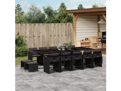 vidaXL 15dílný zahradní jídelní set s poduškami černý polyratan
