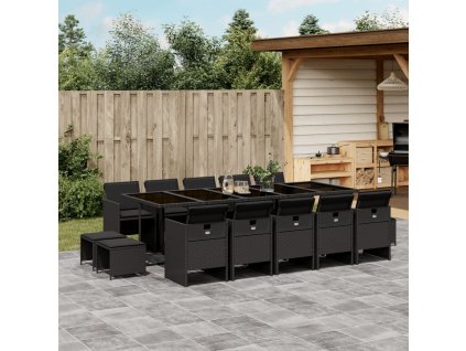 vidaXL 15dílný zahradní jídelní set s poduškami černý polyratan