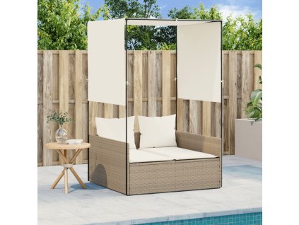 vidaXL Dvojité lehátko se střechou a závěsy béžové polyratan
