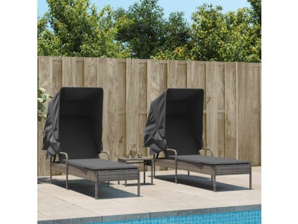 vidaXL Zahradní lehátka 2 ks se stříškami a stolkem šedé polyratan