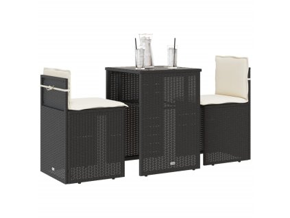 vidaXL 3dílný bistro set s poduškami černý polyratan
