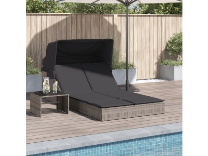 vidaXL Dvojité zahradní lehátko se stříškou a podušky šedé polyratan
