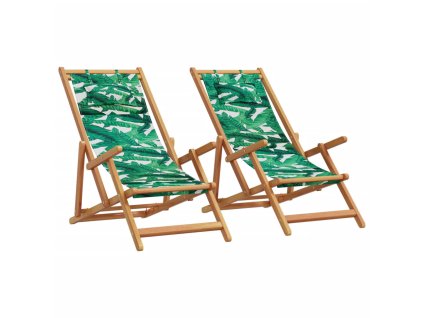 vidaXL Skládací plážová křesla 2 ks vzor listů textil a masivní dřevo