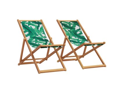vidaXL Skládací plážová křesla 2 ks vzor listů textil a masivní dřevo