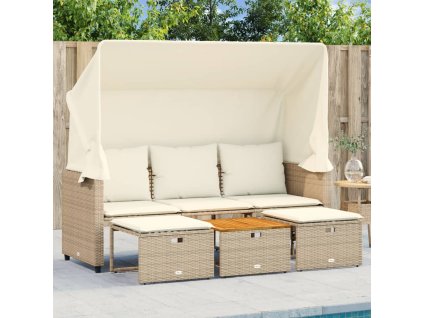 vidaXL Zahradní pohovka 3místná se stříškou taburety béžová polyratan