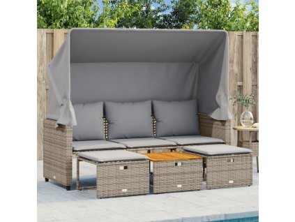 vidaXL Zahradní pohovka 3místná se stříškou a taburety šedá polyratan