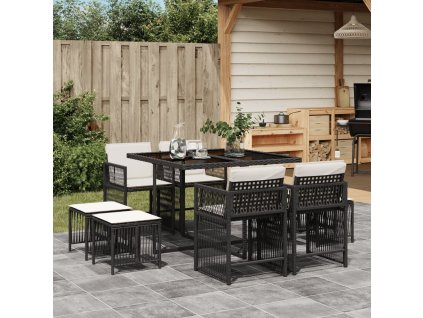 vidaXL 9dílný zahradní jídelní set s poduškami černý polyratan