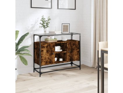 vidaXL Příborník se skleněnou deskou kouřový dub 98x35x81 cm kompozit