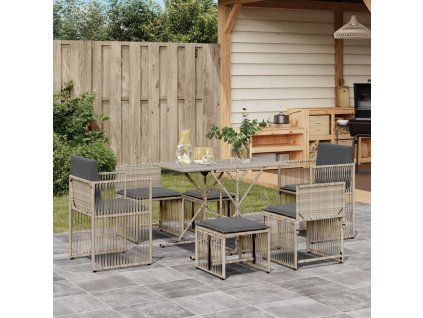 vidaXL 7dílný zahradní jídelní set s poduškami světle šedý polyratan