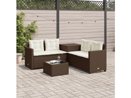 vidaXL Zahradní pohovka ve tvaru L stolek a podušky hnědá polyratan