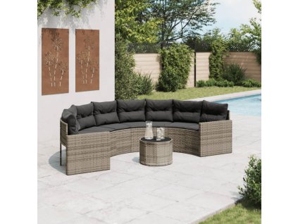 vidaXL Zahradní pohovka se stolem s podušky půlkruhová šedá polyratan