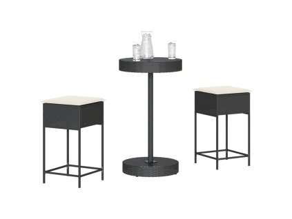 vidaXL 3dílný zahradní barový set s poduškami černý polyratan