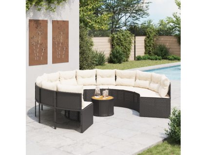 vidaXL Zahradní pohovka se stolkem a poduškami kulatá černá polyratan