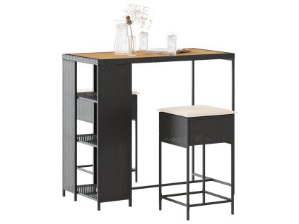 vidaXL 3dílný zahradní barový set s poduškami černý polyratan