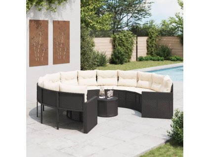 vidaXL Zahradní pohovka se stolkem a poduškami kulatá černá polyratan