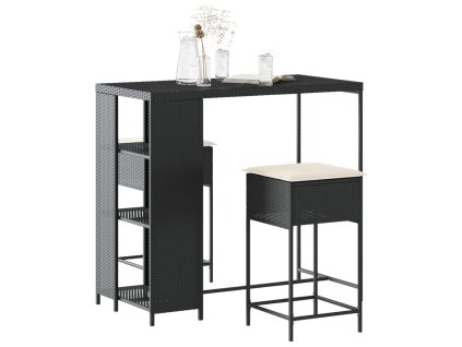 vidaXL 3dílný zahradní barový set s poduškami černý polyratan