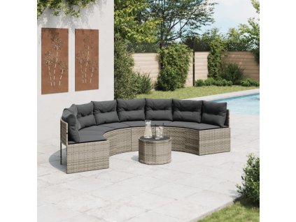 vidaXL Zahradní pohovka se stolem s podušky půlkruhová šedá polyratan