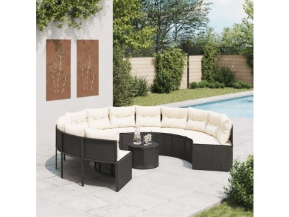 vidaXL Zahradní pohovka se stolkem a poduškami kulatá černá polyratan