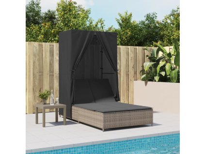 vidaXL Dvojité lehátko se střechou a závěsy šedé polyratan