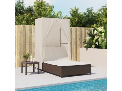 vidaXL Dvojité lehátko se střechou a závěsy hnědé polyratan