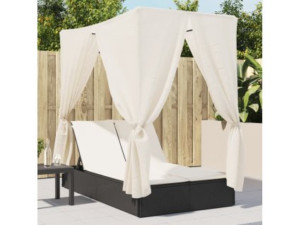 vidaXL Dvojité lehátko se střechou a závěsy černé polyratan