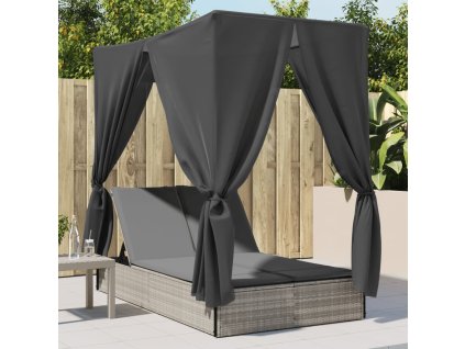 vidaXL Dvojité lehátko se střechou a závěsy světle šedé polyratan
