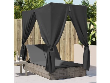 vidaXL Dvojité lehátko se střechou a závěsy šedé polyratan