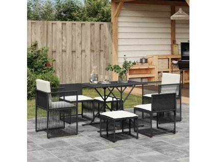 vidaXL 7dílný zahradní jídelní set s poduškami černý polyratan