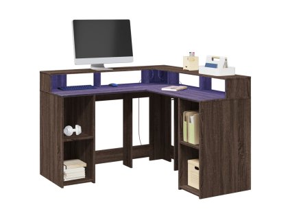 vidaXL Psací stůl s LED hnědý dub 130 x 130 x 91 cm kompozitní dřevo