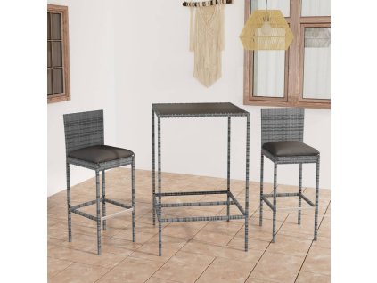 vidaXL 3dílný zahradní barový set s poduškami polyratan šedý